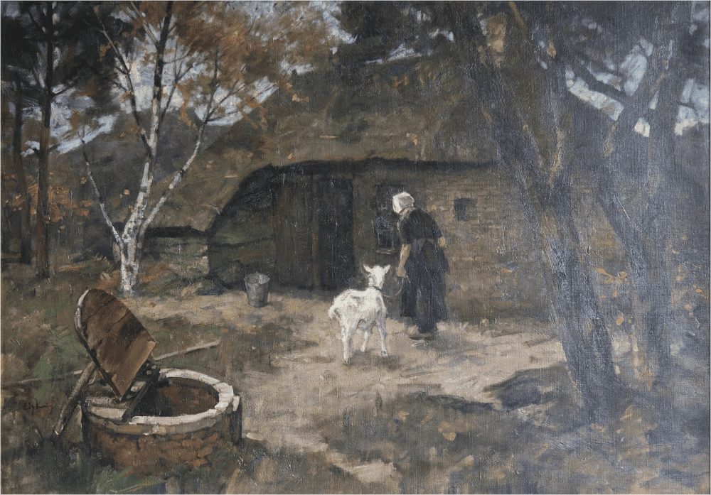 Veluwse boerin met geit bij boerderij