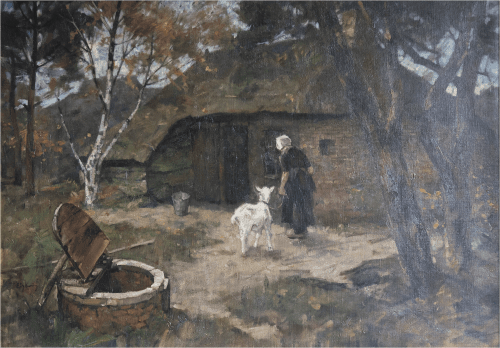 Veluwse boerin met geit bij boerderij