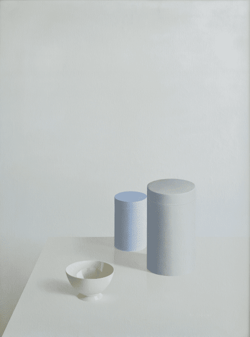 Witte kom, blauwe en grijze bus